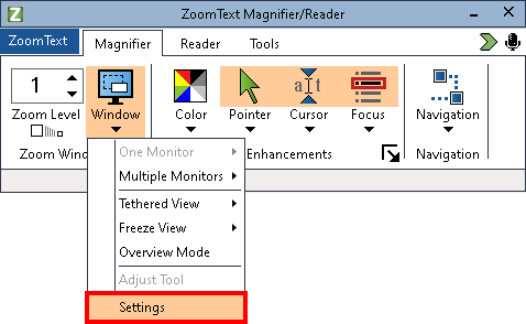 L'interfaccia utente di ZoomText che mostra la posizione della voce di menù Impostazione finestra.