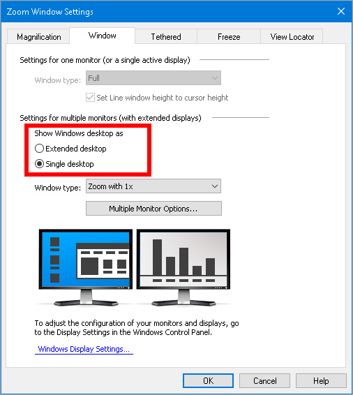 La scheda Finestra nella finestra di dialogo Impostazioni finestra ingrandita, che mostra l'impostazione Impostazioni desktop singolo.