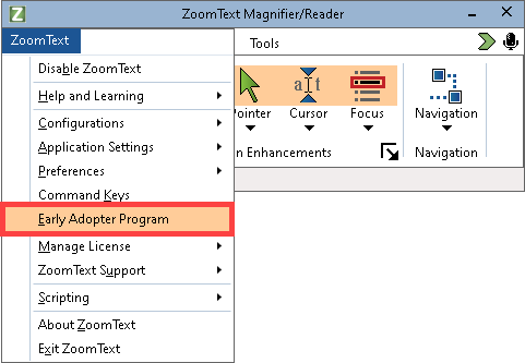 Immagine del menù ZoomText con il comando Programma Early Adopter selezionato