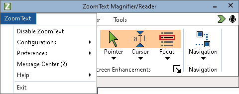 Menù di livello superiore di ZoomText 2024.